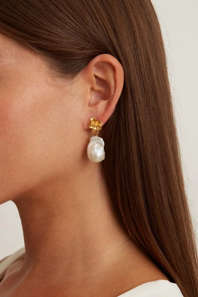 Gold Hibiscus Pearl Drop Earrings Women Chan Luu Earrings