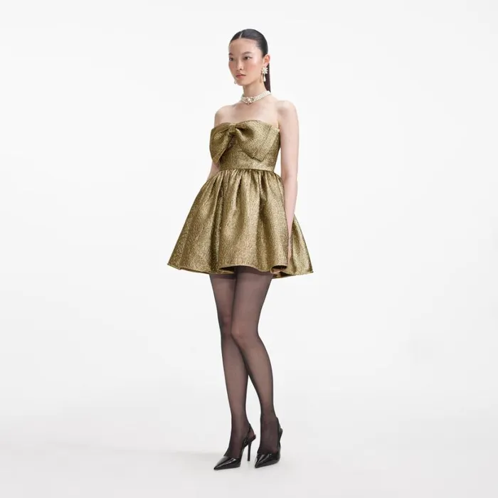 Gold Metallic Jacquard Mini Dress Women Self Portrait Dresses Gold Metallic Jacquard Mini Dress Women Self Portrait Dresses