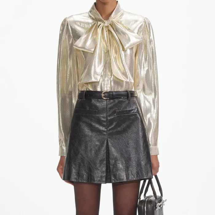 Gold Metallic Pussy Bow Blouse Women Self Portrait Tops Gold Metallic Pussy Bow Blouse Women Self Portrait Tops