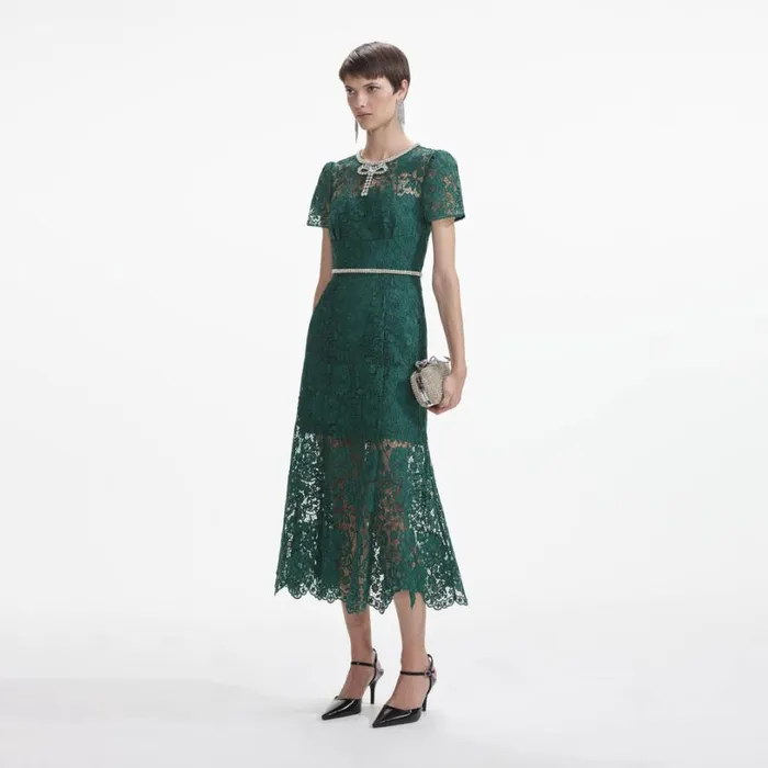 Green Lace Diamante Bow Midi Dress Women Self Portrait Dresses