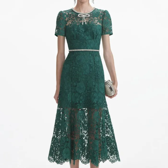 Green Lace Diamante Bow Midi Dress Women Self Portrait Dresses