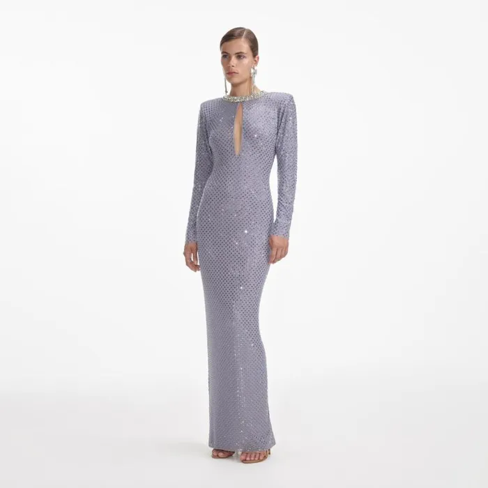Grey Rhinestone Fishnet Maxi Dress Women Self Portrait Dresses Grey Rhinestone Fishnet Maxi Dress Women Self Portrait Dresses