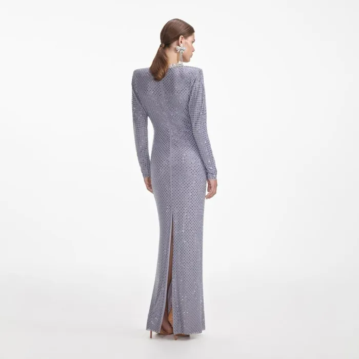 Grey Rhinestone Fishnet Maxi Dress Women Self Portrait Dresses Grey Rhinestone Fishnet Maxi Dress Women Self Portrait Dresses