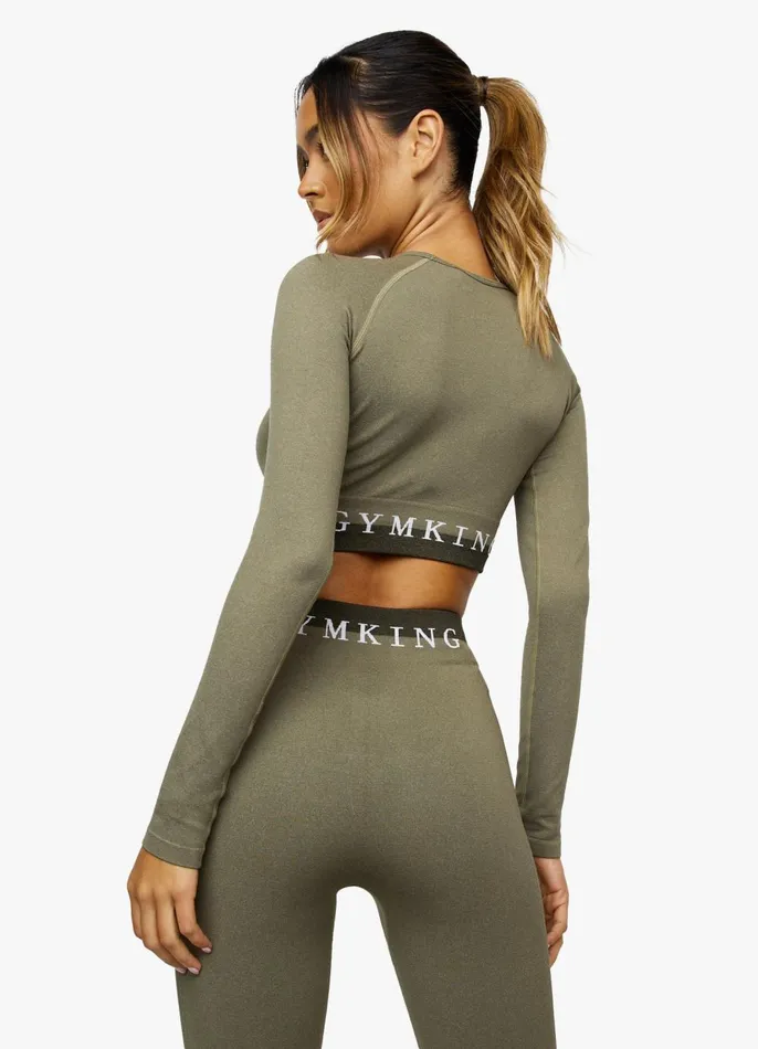 Gym King Gymwear Women Seamless Results Long Sleeve Crop 8211 Khaki