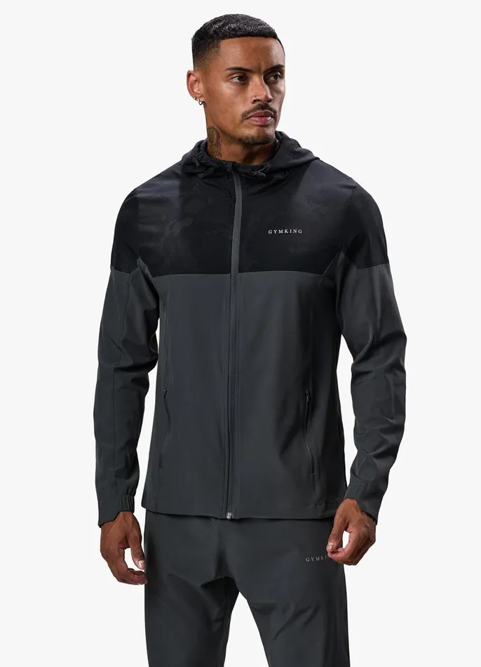 Gym King Tracksuit Tops Men Debossed Camo Woven FZ Hood 8211 BlackOyster Grey