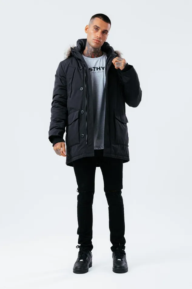 Just Hype Coats and Jackets Hype Black Luxe Longline Men039S Parka Jacket