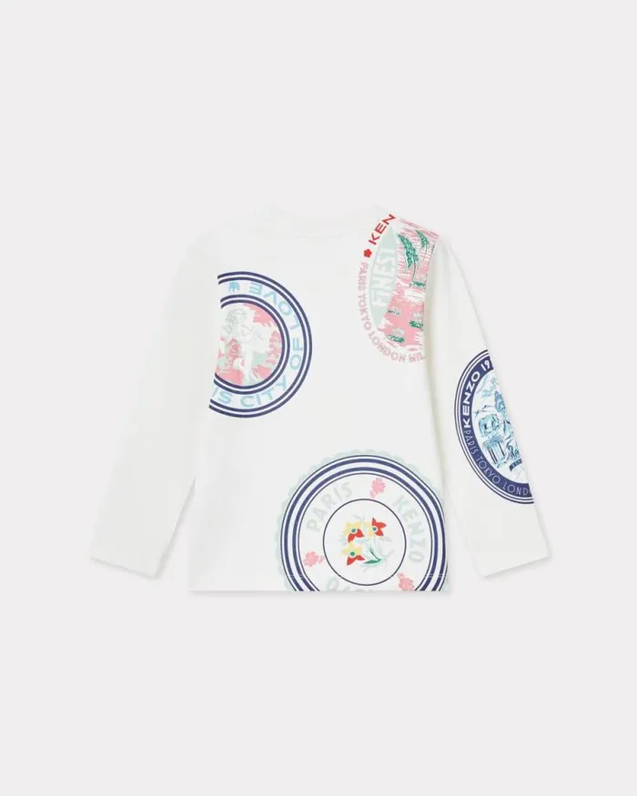 Kids 039KENZO Tour039 Longsleeved Cotton Tshirt Off White Kenzo Tshirts And Sweatshirts