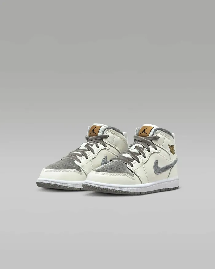 Kids Nike Jordan Jordan 1 Mid SE Sailmetallic Goldflat Pewter