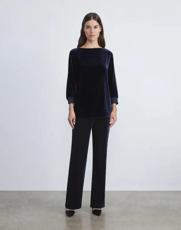 Lafayette 148 New York Crushed Velvet Gates Pant Midnight Blue Ready To Wear Pants and Shorts