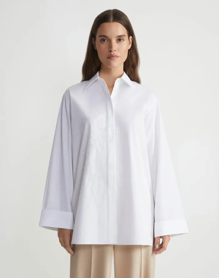Lafayette 148 New York Embroidered Rose Organic Cotton Poplin Oversized Shirt White Ready To Wear Blouses and Shirts