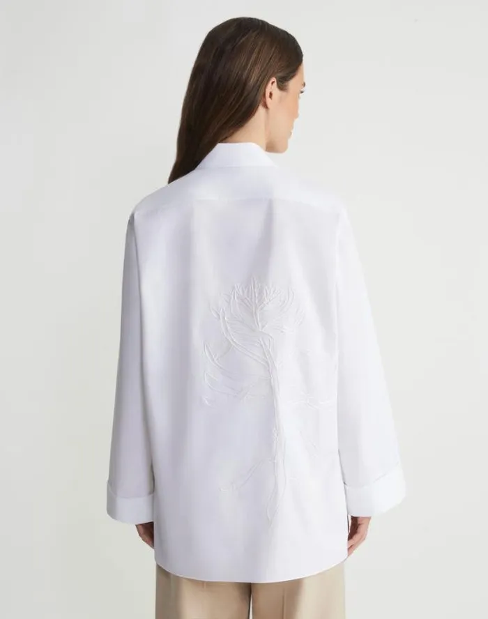 Lafayette 148 New York Embroidered Rose Organic Cotton Poplin Oversized Shirt White Ready To Wear Blouses and Shirts