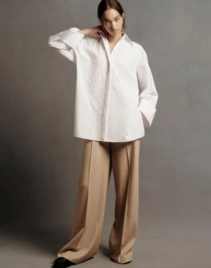 Lafayette 148 New York Embroidered Rose Organic Cotton Poplin Oversized Shirt White Ready To Wear Blouses and Shirts