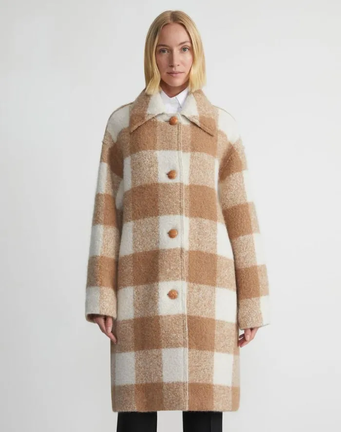 Lafayette 148 New York Gingham AlpacaWool Boucl Double Face Oversized Coat Camel Multi Ready To Wear Coats and Outerwear