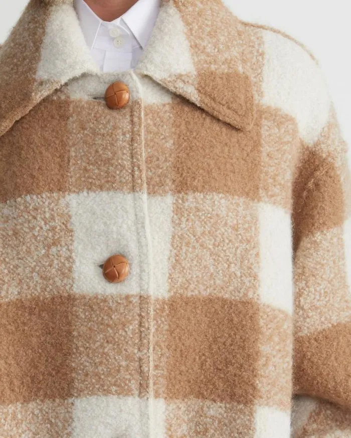 Lafayette 148 New York Gingham AlpacaWool Boucl Double Face Oversized Coat Camel Multi Ready To Wear Coats and Outerwear