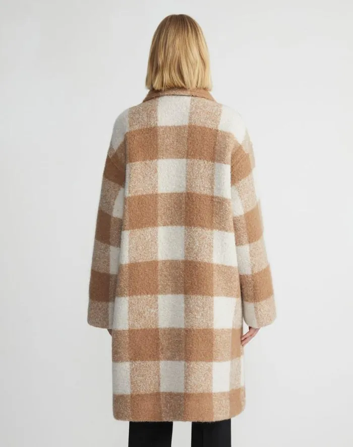 Lafayette 148 New York Gingham AlpacaWool Boucl Double Face Oversized Coat Camel Multi Ready To Wear Coats and Outerwear