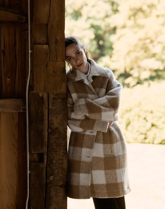 Lafayette 148 New York Gingham AlpacaWool Boucl Double Face Oversized Coat Camel Multi Ready To Wear Coats and Outerwear