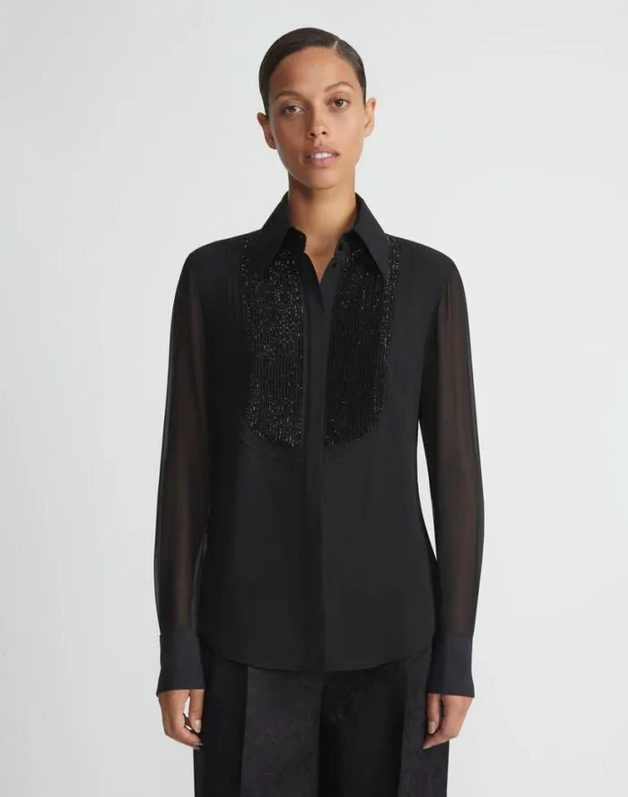 Lafayette 148 New York HandBeaded Silk Georgette Pintuck Blouse Black Ready To Wear Blouses and Shirts