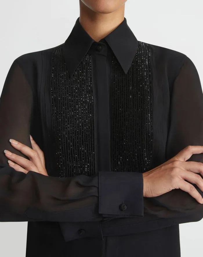 Lafayette 148 New York HandBeaded Silk Georgette Pintuck Blouse Black Ready To Wear Blouses and Shirts
