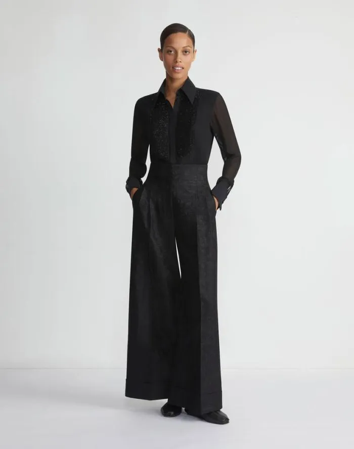 Lafayette 148 New York HandBeaded Silk Georgette Pintuck Blouse Black Ready To Wear Blouses and Shirts