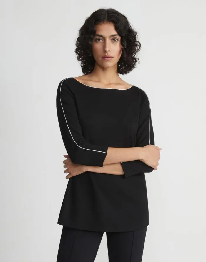 Lafayette 148 New York Lightweight Punto Milano Bateau Neck Top Black Ready To Wear Tops and Tees