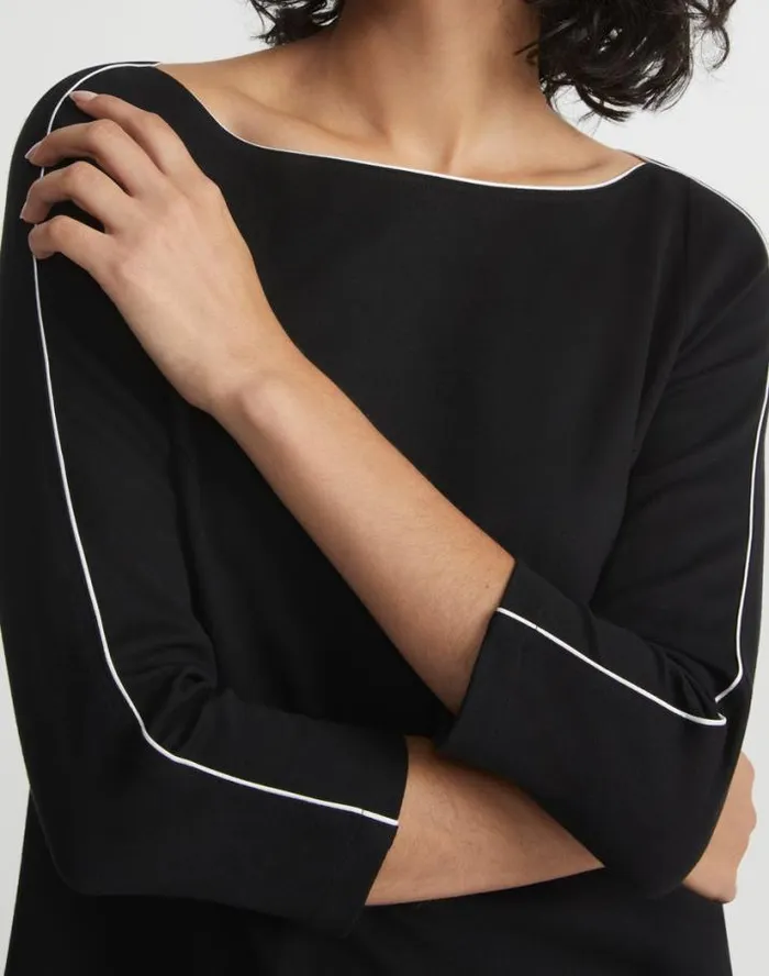 Lafayette 148 New York Lightweight Punto Milano Bateau Neck Top Black Ready To Wear Tops and Tees
