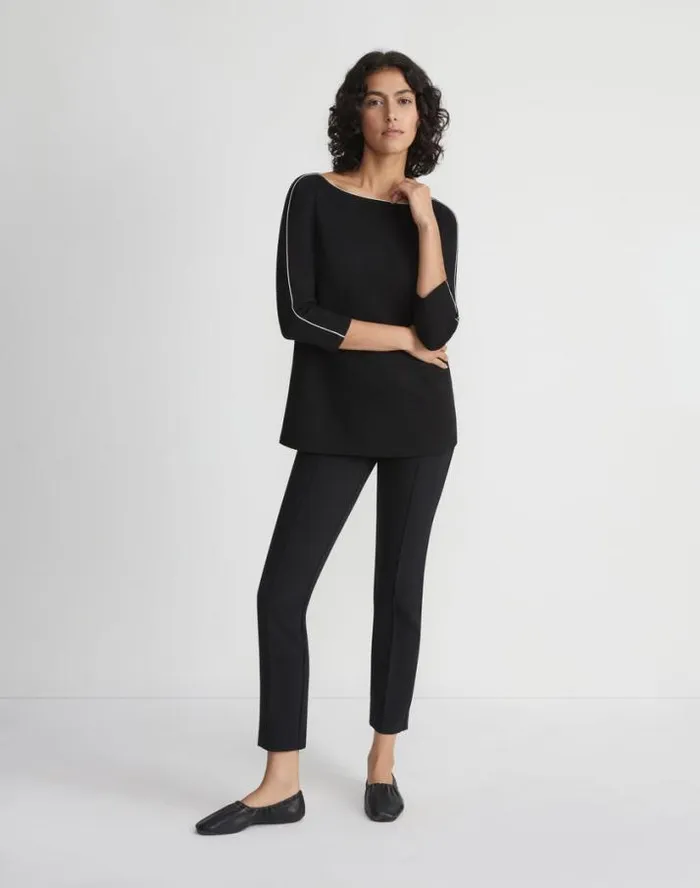 Lafayette 148 New York Lightweight Punto Milano Bateau Neck Top Black Ready To Wear Tops and Tees