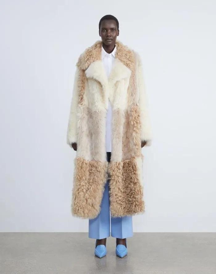 Lafayette 148 New York Long Hair Shearling Reversible DoubleBreasted Overcoat Rye Ready To Wear Leathers and Suedes