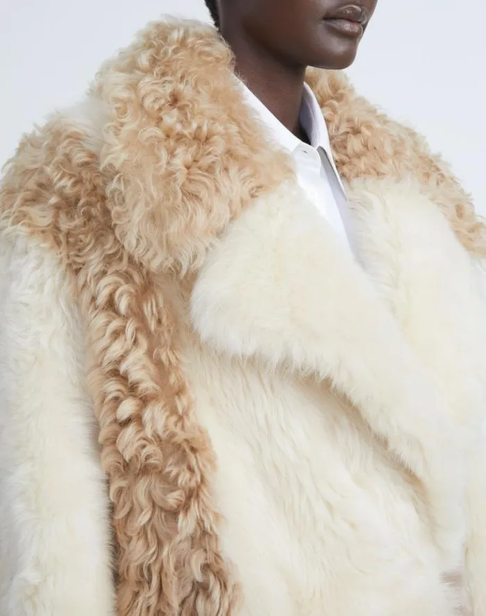 Lafayette 148 New York Long Hair Shearling Reversible DoubleBreasted Overcoat Rye Ready To Wear Leathers and Suedes