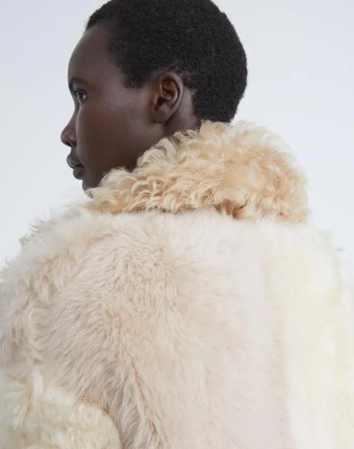 Lafayette 148 New York Long Hair Shearling Reversible DoubleBreasted Overcoat Rye Ready To Wear Leathers and Suedes