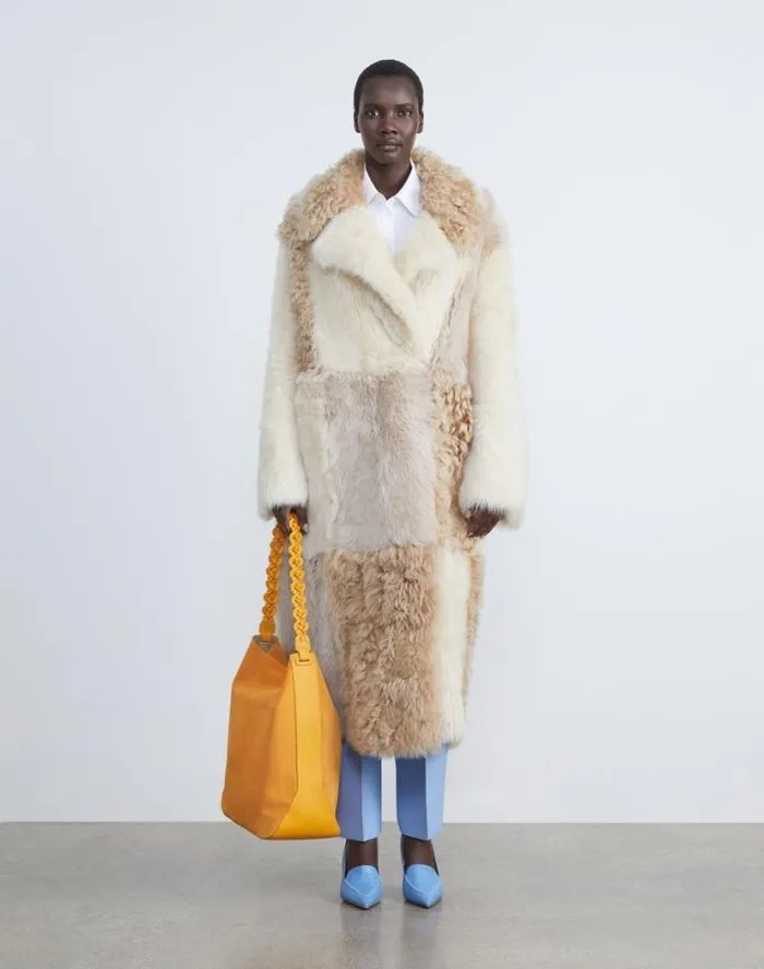 Lafayette 148 New York Long Hair Shearling Reversible DoubleBreasted Overcoat Rye Ready To Wear Leathers and Suedes