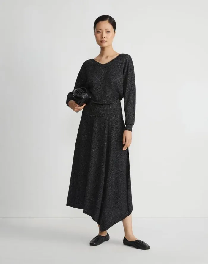 Lafayette 148 New York Merino WoolSilk Sequin Knit Skirt Black Metallic Ready To Wear Skirts