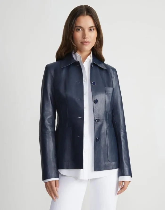 Lafayette 148 New York Nappa Leather Tailored Chore Jacket Midnight Blue Ready To Wear Leathers and Suedes
