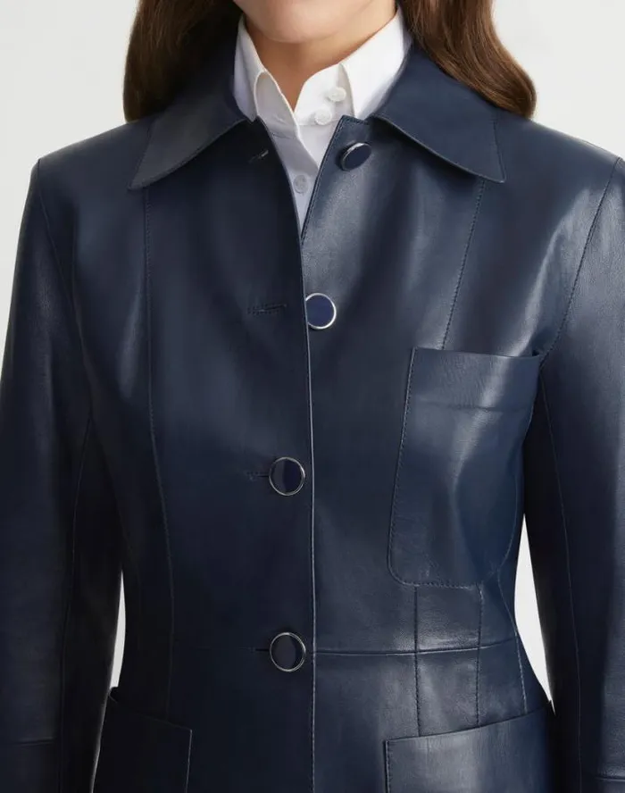 Lafayette 148 New York Nappa Leather Tailored Chore Jacket Midnight Blue Ready To Wear Leathers and Suedes