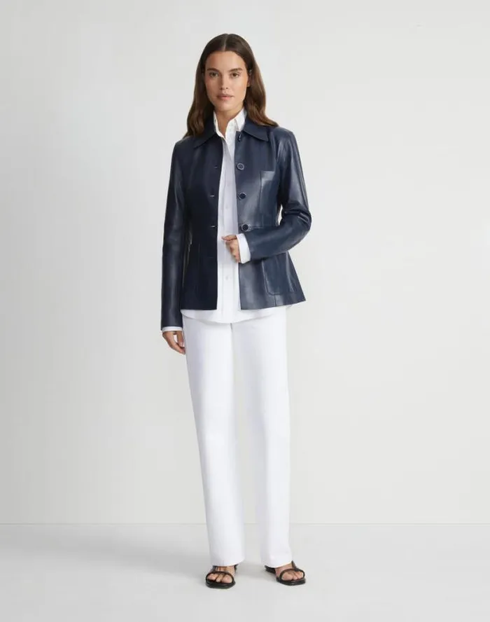 Lafayette 148 New York Nappa Leather Tailored Chore Jacket Midnight Blue Ready To Wear Leathers and Suedes