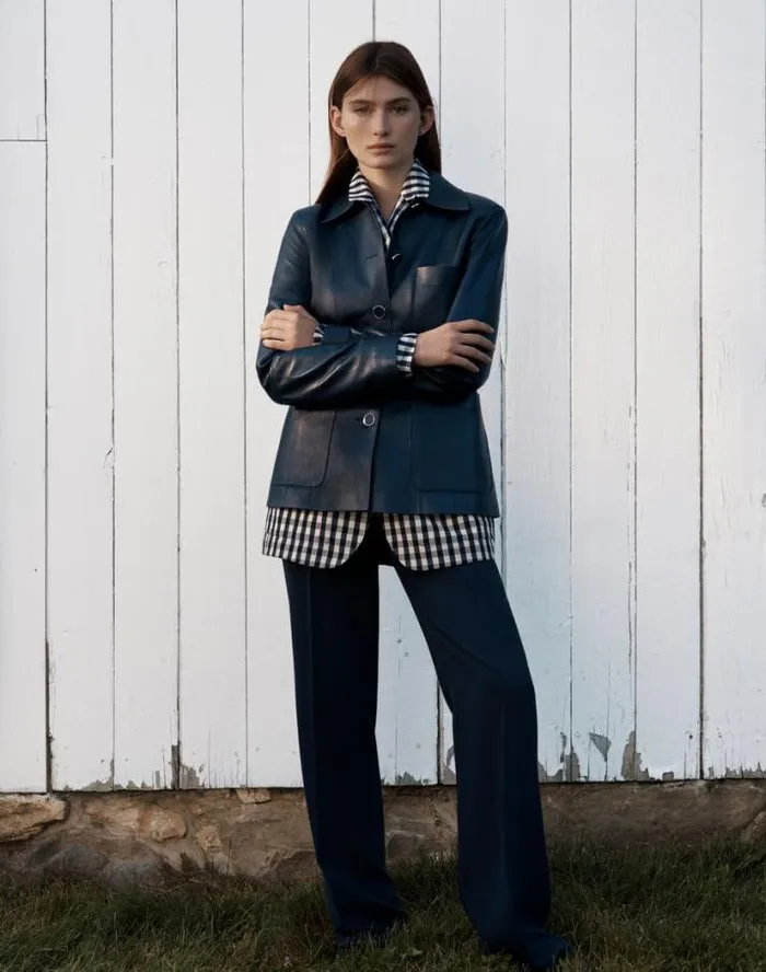 Lafayette 148 New York Nappa Leather Tailored Chore Jacket Midnight Blue Ready To Wear Leathers and Suedes
