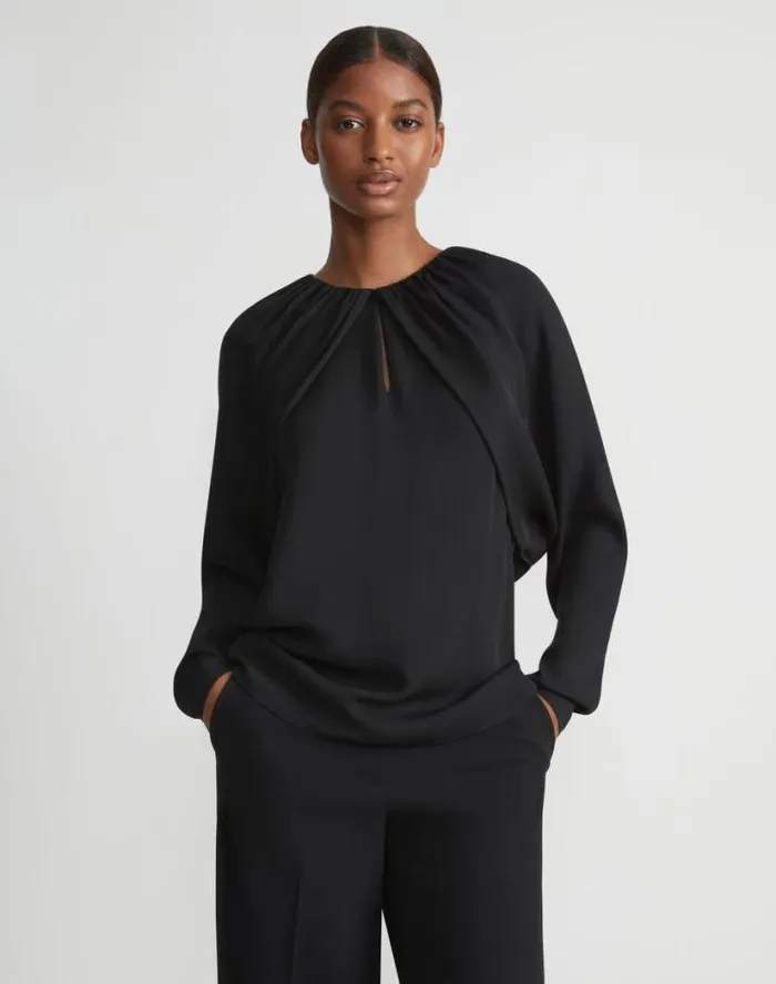 Lafayette 148 New York Organic Silk Georgette Cutaway Bolero Blouse Black Ready To Wear Blouses and Shirts