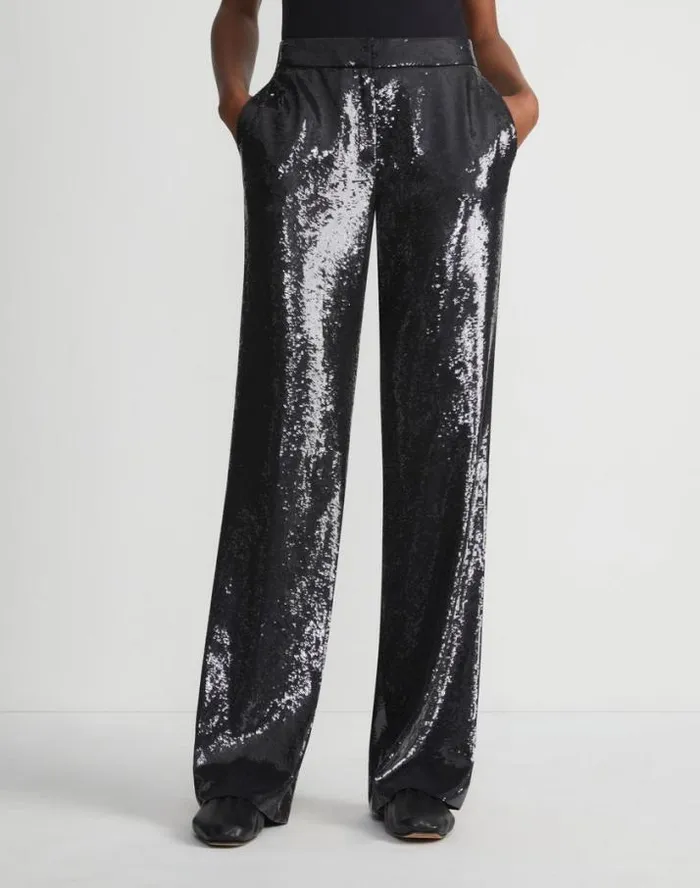 Lafayette 148 New York Sequin Chiffon Gates Pant Black Ready To Wear Pants and Shorts