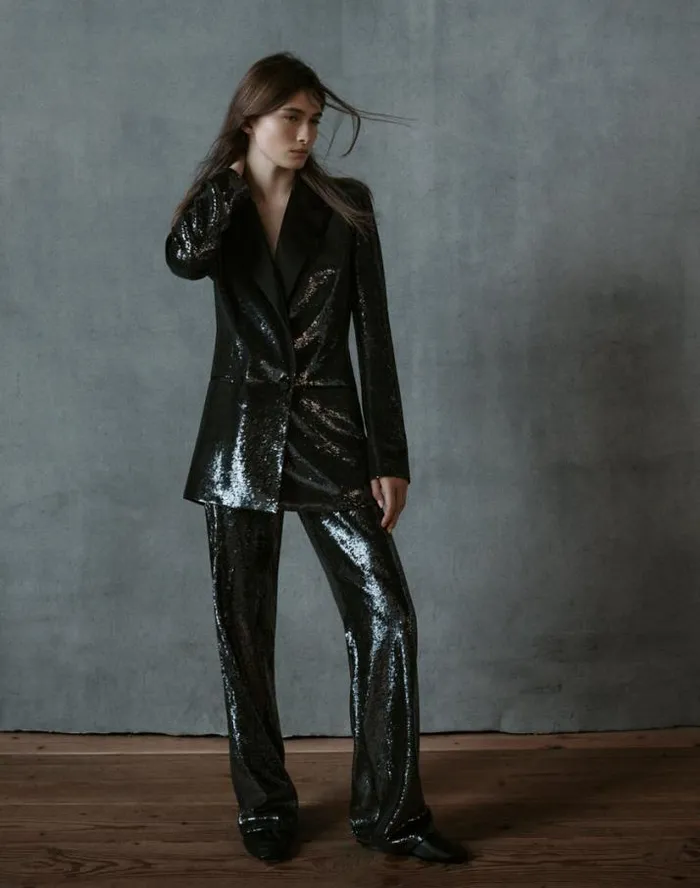 Lafayette 148 New York Sequin Chiffon Gates Pant Black Ready To Wear Pants and Shorts