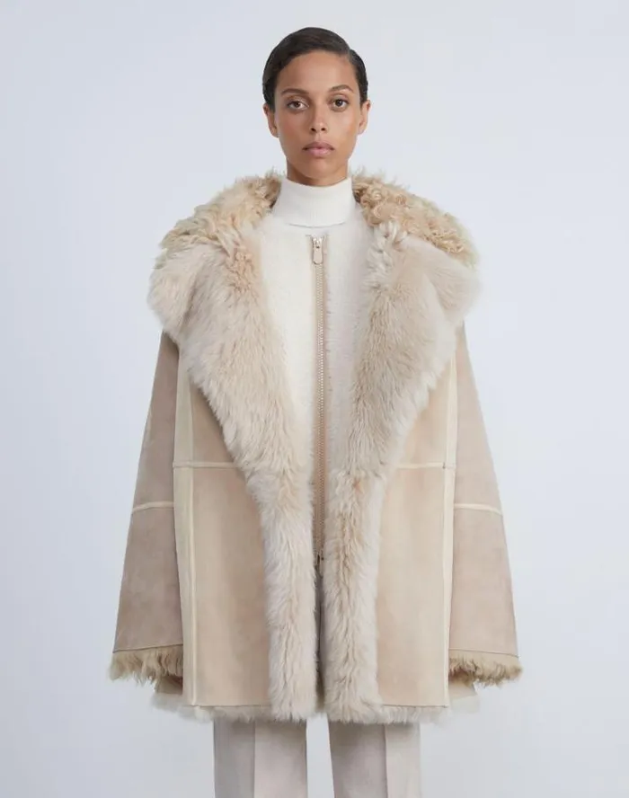 Lafayette 148 New York Shearling Reversible DoubleBreasted Oversized Peacoat Pale Buff Ready To Wear Leathers and Suedes