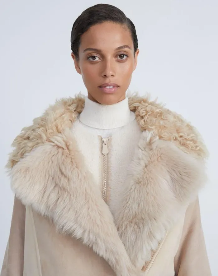 Lafayette 148 New York Shearling Reversible DoubleBreasted Oversized Peacoat Pale Buff Ready To Wear Leathers and Suedes
