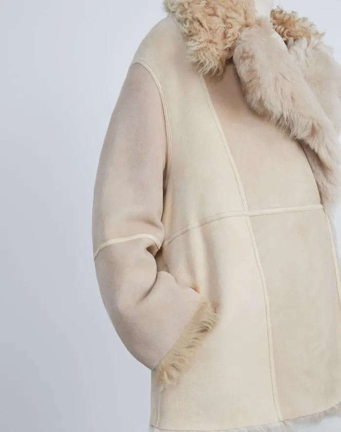 Lafayette 148 New York Shearling Reversible DoubleBreasted Oversized Peacoat Pale Buff Ready To Wear Leathers and Suedes