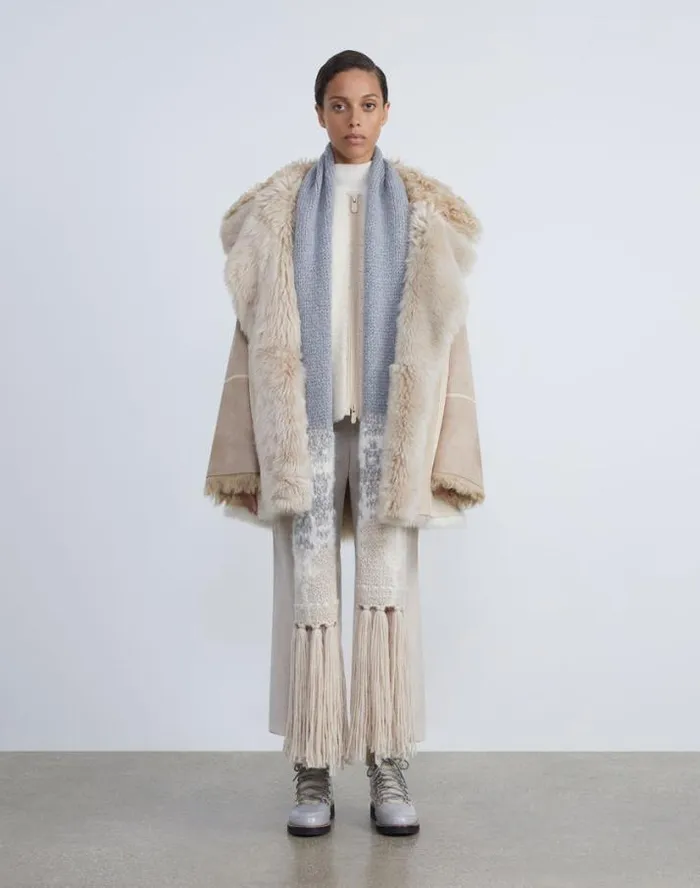 Lafayette 148 New York Shearling Reversible DoubleBreasted Oversized Peacoat Pale Buff Ready To Wear Leathers and Suedes