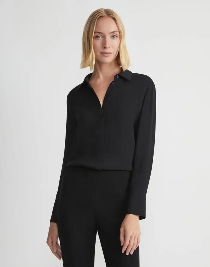 Lafayette 148 New York Silk Georgette Button Blouse Black Ready To Wear Blouses and Shirts