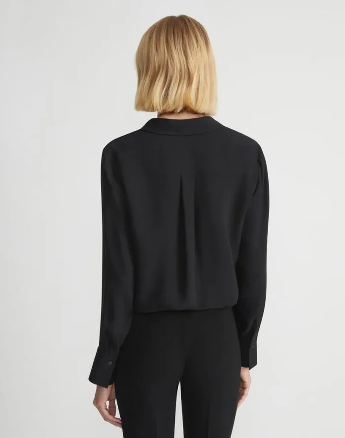 Lafayette 148 New York Silk Georgette Button Blouse Black Ready To Wear Blouses and Shirts