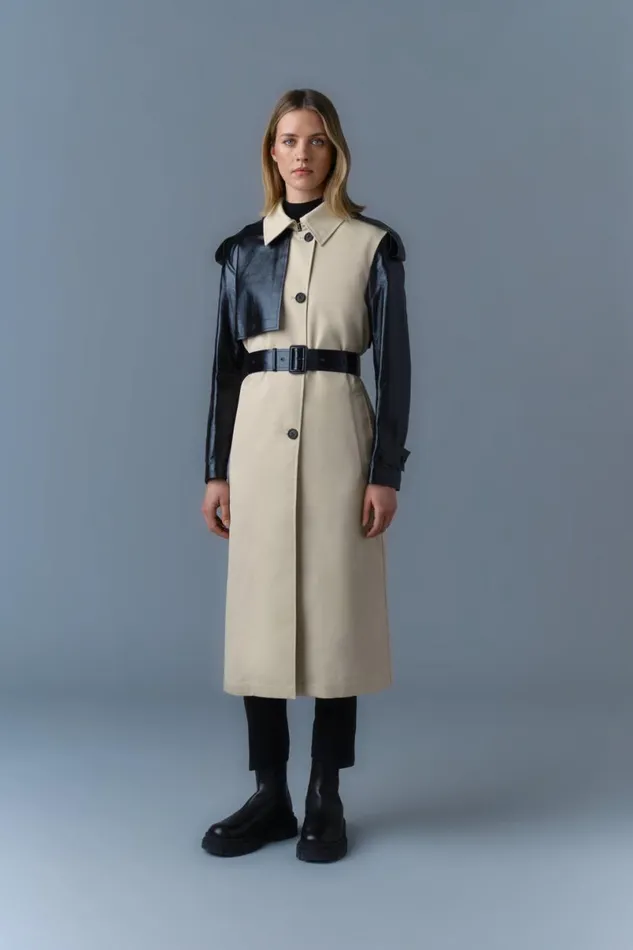 Leather Jackets Women Mackage LEIKO Maxi TwoToned Twill and Leather Trench Trench