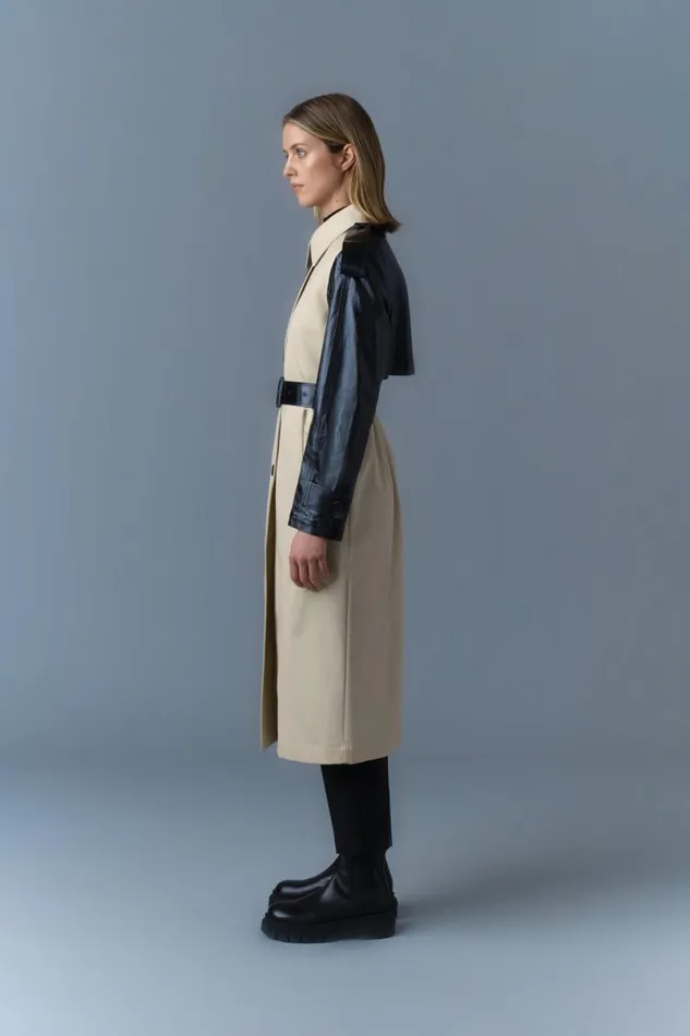 Leather Jackets Women Mackage LEIKO Maxi TwoToned Twill and Leather Trench Trench