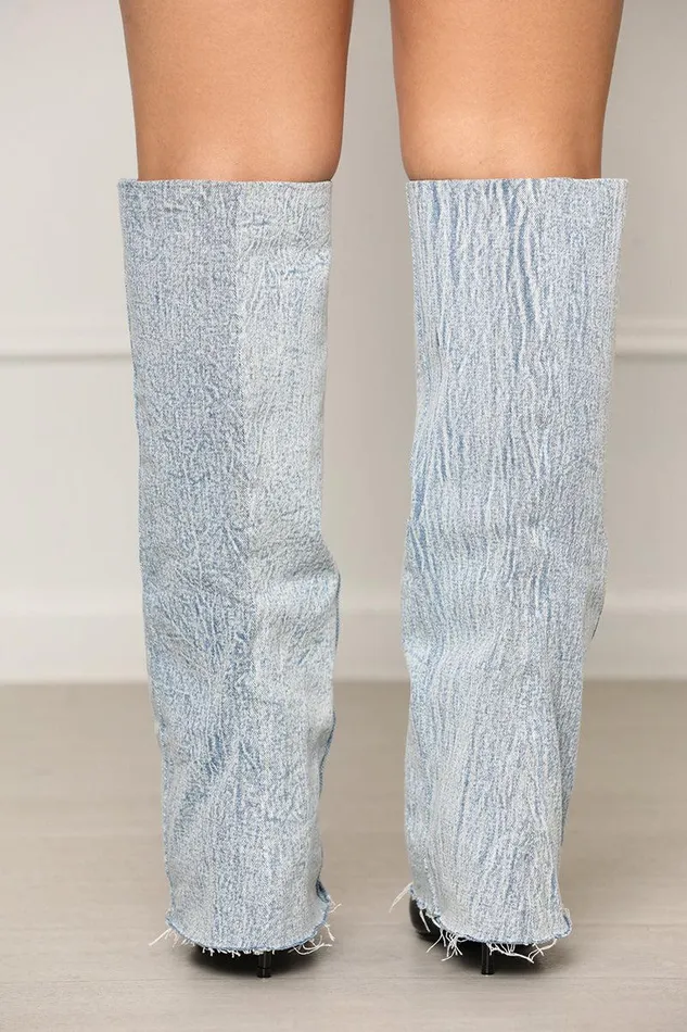 Lilly039s Kloset Boots Women Denim Layered Pointed Toe Boot Blue Multi FINAL SALE