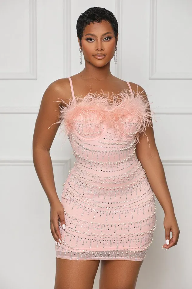 Lilly039s Kloset Dresses Women Embellished Dreams Feather Mini Dress Pink FINAL SALE