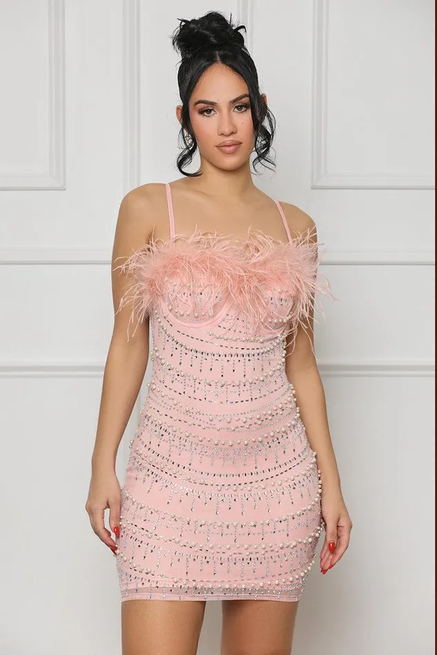 Lilly039s Kloset Dresses Women Embellished Dreams Feather Mini Dress Pink FINAL SALE