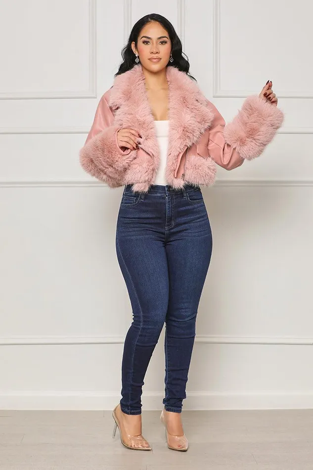 Lilly039s Kloset Jackets and Coats Women As Usual Faux Leather and Fur Crop Jacket Pink FINAL SALE